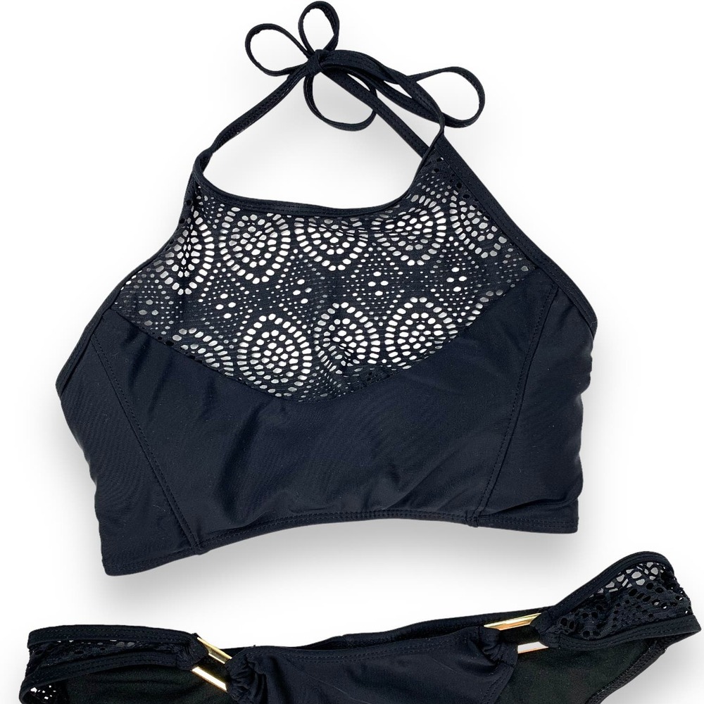 Y2k Rampage Super Cute Black Two Piece Lace Halter Low Cut Bikini